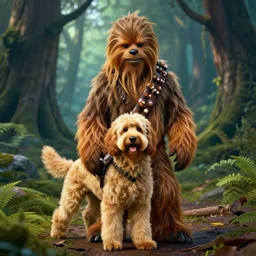 chewbacca as a golden doodle dog in forest star wars,, hdr