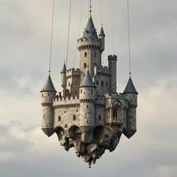 castle floating hanging by cables and chains, by simon bisley, beeple, justin gerard