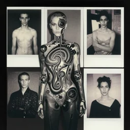 a black and white photograph of cybernetic androgyny, mandelbrot, avant - garde fashion, in the style of egon schiele, jenny saville, m c escher, wassily kandinsky, piet mondrian, film photography, fashion photography, surreal, polaroid photography, soft lighting