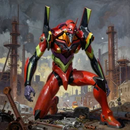 evangelion, red vs purple evangelion, battle in the industrial city by port, detailed, impressionistic, photorealistic by james gurney, willem claesz heda