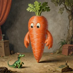 a giant carrot monster stands over a tiny green dragon on a stage, painting from 1545