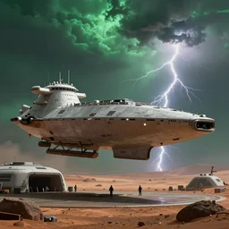 a cinematic portrait of a cargo starship designes by rob cobb, landing in a mars base, green clouds and lightning storm, ridley scott and zack snyder, 8 k, hd, high resolution, 8 5 mm, f / 1. 8
