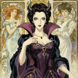 Portrait of a female vampire in an elaborate gothic gown, beautiful face, highly detailed, Japanese watercolor, by Makoto Shinkai and Hayao Miyazaki, by Ilya Kuvshinov and Alphonse Mucha and Andrei Riabovitchev