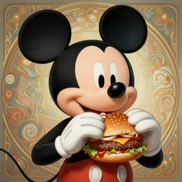 portrait of mickey mouse eating hamburgers, extra onions and ketchup, luscious patty with sesame seeds, ethereal, handsome, d & d, fantasy, intricate, elegant, highly detailed, digital painting, artstation, concept art, matte, sharp focus, illustration, art by artgerm and greg rutkowski and alphonse mucha