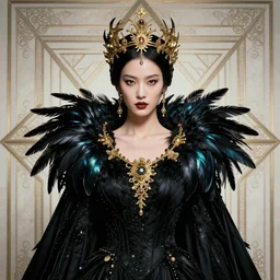 a hyperrealistic portrait of a fierce proud queen of ravens, in a black dress with a collar made of iridescent feathers and golden adornments, geometrical background, intricate details, by zhang jingna and soey milk and amir ershadi and anja millen