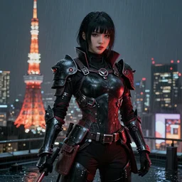 An realistic epic fantastic comic book style portrait painting of a female cyber samurai by WLOP, black and reddish color armor, cyberpunk feel raining at tokyo rooftop, Concept world Art,  unreal 5, DAZ, hyperrealistic, octane render, cosplay, RPG portrait, dramatic lighting, rim lights