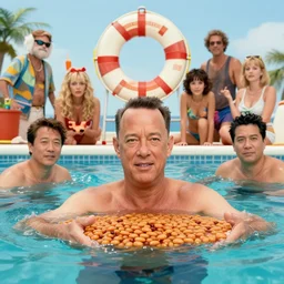 portrait of tom hanks swimming in baked beans, meg ryan as life guard, charlie bowater, artgerm, ilya kuvshinov, krenz cushart, ruan jia, realism, ultra detailed, 8 k resolution