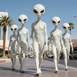 actual photography of tall whites aliens walking along the Las Vegas strip, award winning, high def,