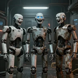 Robots laughing at humans trying to generate images, 4k, cyberpunk, grunge