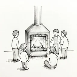 sketch of a furnace with people around it, pen on paper simple drawing by a 1 0 year old