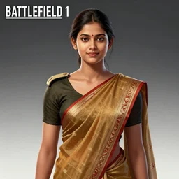 young indian woman soldier wearing a sari, promotional art for'battlefield 1'