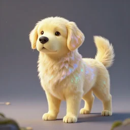 concept art, matte painting of a magical light yellow dog, high quality, 8 k hd, irisdecent, holographic, shot on 7 0 mm, vray tracing, playstation 5 graphics, high quality, 8 k hd, greg rutkowski, marc simonetti, james paick, ivan aivazovsky, trending on artstation, deviantart, pixiv, sketchfab