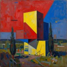 russian deconstructivist painting in red, yellow, and blue