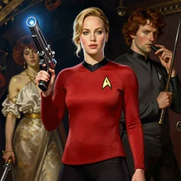 A jennifer lawrence star trek red shirt holding phaser gun by Artgerm and greg rutkowski and alphonse mucha