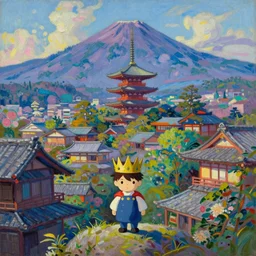 tiny king character wearing a crown in front of a beautiful japanese city in the mountain, amazing ryokans and gorgeous edo era houses, epic cyberpunk, lofi vibe, vivide colors, amazing light, really beautiful nature, oil painting, impressionist style, by jeremy lipkin, by claude monet, by makoto shinkai, kandinsky touches, multiple brush strokes, by ghibli, masterpiece