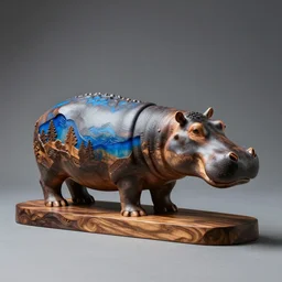 hippopotamus, wood art, blue! epoxy resin, sculpture, wood carving, wood sculpture, wood art, wooden decoration, hand made, wooden hippo
