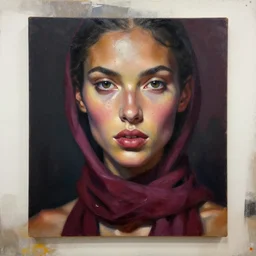 dreamy detailed portrait in femininity, realistic face sculpted features, ethnic, exotic, deep clear eyes, statuesque, gazelle - like, flight suit and scarf, cinematic lighting, chiaroscuro, radiant, smooth skin tones, wet reflections, berry color palette, angular impressionism, contemporary modern, deep rich hues, oil on canvas