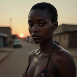 portrait face of a beautiful gorgeous black edgy model girl with short hair, bikini, she's sad, sunset, street of africa, 8 0 mm lens, 1. 2 aperture, grainy image, close up, cinematic light, 8 k, 4 k, very detailed, depressing atmosphere, cover magazine