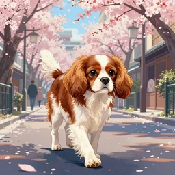 Cavalier king Charles spaniel  walking down street, woodcut, kuvshinov • chill • snatti89• guweiz • aenami • sylar113 • lofi • lofi • arsenixc• seerlight • anime scenery  • akihabara• asabinart • lofi wallpaper • japanese wallpaper, cheeryblossom