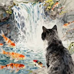 cat looks at koi waterfall, intricate impressionism watercolor painting by john singer sargent
