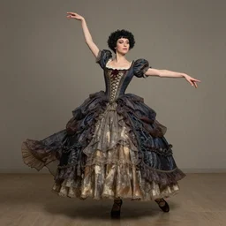 ballroom, rgb, thin, italian model, short black curly hair, round face, steampunk princess dress, amazing composition & dynamic posing, by franz xavier leyendecker, wlop! muted colors, highly detailed, fantasy art by craig mullins, thomas kinkade cfg _ scale 9