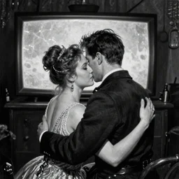 tight hug between a couple, while they are watching TV, black and white color scheme, HD, in focus, Regal, Realistic, Refined, Detailed Digital Art, Josephine wall, Oil Painting, William-Adolphe Bouguereau, Art Frahm, Esao Andrews, Steampunk, Walt Disney (1937), Highly Detailed, Cinematic Lighting, Unreal Engine, 8k, HD