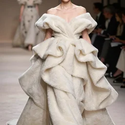 dior couture, fold layered flutter, heavy fabric full piece, soft fluffy texture, volume flowing folds aesthetic, femme curvy model posing realistic shaded lighting photography, 8 k, sharp focus, romantic undertones, color designer