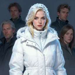 character concept portrait, michelle williams covered in ice, wearing a white winter coat, blond hair, style digital painting, concept art, smooth, sharp focus, illustration, from metal gear, by ruan jia and mandy jurgens and william - adolphe bouguereau, artgerm