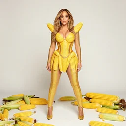 full body photo of jennifer lopez, she is wearing a fashionist costume of corn on a cob, studio lighting, corn on a cob everywhere