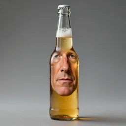 stephen colbert face in a clear beer bottle!!!!, 8 k, ultra realistic details