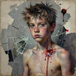 dispersing teenager with bleeding veins detailed analogue mixed media collage with canvas texture in style of contemporary art, punk art, realism, realistic photo, expressionism, masterpiece, spectacular quality, intricate oil details, broken glass photo, torn paper intricate texture, large cracks, liquid glue spots, dark and vivid