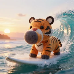 a closeup photorealistic photograph of a knitted cute tiger hippopotamus riding a large wave at sunset. surf in the background. professional capture. brightly lit scene. this 4 k hd image is trending on artstation, featured on behance, well - rendered, extra crisp, features intricate detail, epic composition and the style of unreal engine.