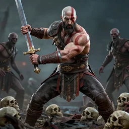 film still from god of war, 3 d model, a highly detailed beautiful closeup photo of dwayne johnson kratos hybrid god of war holding a sword and fighting zombies on a pile of human skulls, spartan warrior, olympian god, muscular!,, action pose, ambient lighting, volumetric lighting, octane, fantasy
