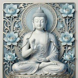 breathtaking detailed concept art painting art deco pattern a beautiful buddha with pale skin on sitted on an intricate metal throne, hands pressed together in bow, light - blue flowers with kind piercing eyes and blend of flowers and birds, by hsiao - ron cheng and john james audubon, bizarre compositions, exquisite detail, extremely moody lighting, 8 k h 1 0 2 4
