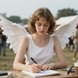 beautiful angel on outdoor festival in 1 9 6 9, photo realistic, light skin asymmetrical face, pen on paper