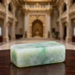 macro shot of a jade brick sitting on a table in the hall of a great castle