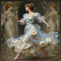 lady dressed in a vaporous wrapped large  victorian cream roses silk semi-transparent blue and cream dress fashion is running  D&D, fantasy, intricate, elegant, highly detailed, digital painting, artstation, concept art, matte, sharp focus, illustration, art by Artgerm and Greg Rutkowski and Alphonse Mucha