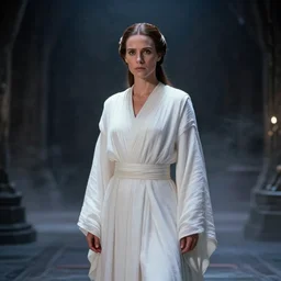 film still of rosie o'donnell as princess leia in star wars movie, long braided hair pulled back, wearing long white robe in a sith temple, deep focus, glamour pose, dramatic lighting, octane, mist, steve mccurry, volumetric lighting, 8 k