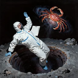 portrait of a scientist in hazmat suit falling into the black hole swallowing the crab nebula by frank frazetta