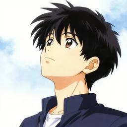 illustration of an anime character, looking up in the sky, drawn by takehito harada and yoji shinkawa
