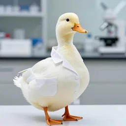 a duck wearing a labcoat, lab in the background