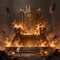 concept art by andrey surnov, cel shaded, cinematic shot, trending on artstation, high quality, brush stroke, the burning empire, the great throne collapses, and debris floats in the air