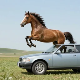 a cartoon horse jumping over a hyperrealistic landscape in a car