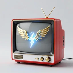 80s CRT Tv in Gold Red White and Blue Ornate Glass Lamp with Gold futuristic Wings, Lightening around the VHS and VCR, levitating above the ground, highly detailed, intricate 8bits armor, golden ratio, symmetry