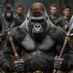 frightening gorillas warrior portrait, weapons in hand, art by artgerm, wlop, loish, ilya kuvshinov, tony sandoval. 8 k realistic, hyperdetailed, beautiful lighting, detailed background, depth of field, symmetrical face