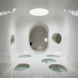 photo of a bizarre oddly-shaped interior covered by ceramic white tiles with shallow water everywhere