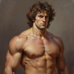 cosmic muscle god, brown curly hair, strong jawline, 8 k, detailed oil painting, matte painting, trending on artstation,