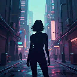 a beautiful and immaculate futuristic city. the silhouette of a beautiful young woman standing in an alleyway. vaporwave ombre rendering. outrun style. trending on artstation. recommended for you behance. by chris moore. by edward hopper. beeple colors. ambient occlusion. digital matte painting. metropolis filmic. gotham city.
