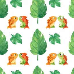 a repeating pattern of leaves and fish kissing frogs in the style of pokemon