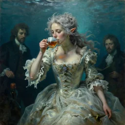 a 1 8 th century, messy, silver haired, ( ( ( mad ) ) ) elf princess ( look like ( ( young kate winslet ) ) ), dressed in a ( ( ragged ) ), wedding dress, is ( ( drinking a cup of tea ) ). everything is underwater! and floating. greenish blue tones, theatrical, underwater lights, oil canvas by jakub rozalski, jan matejko, and j. dickenson